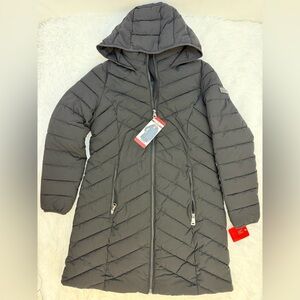 DKNY Women’s Long Quilted Hooded Puffer Jacket Black sz M NWT